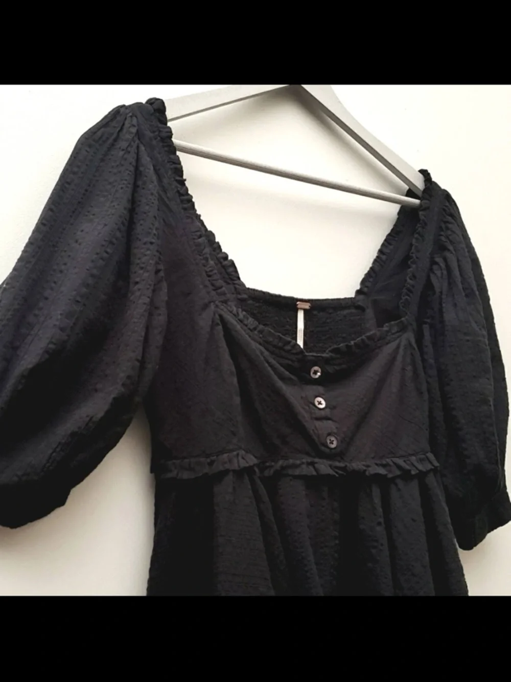 Free People Black Peplum Puff-Sleeve Button-Front Top